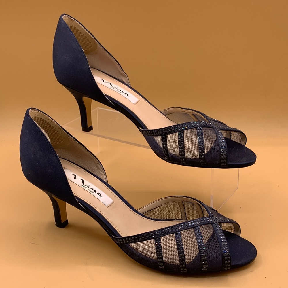 Nina Navy Open-Toe Kitten Heel Sandals with Sparkle Straps Size 8